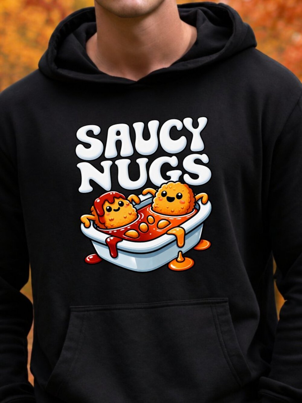 Saucy Nugs HOODIE Graphic Sweatshirt Adult Funny Cartoon Food Chicken Nuggets